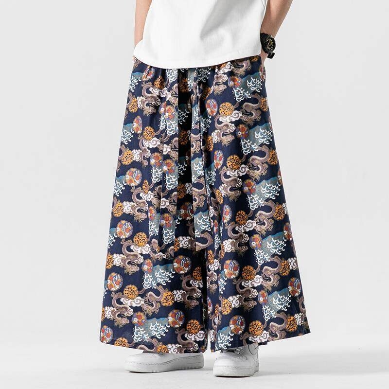 Retro Track Pant - ญี่ปุ่น SAMURAI กางเกงผู้ชายมังกรพิมพ์กางเกงหลวมๆ Mens Kimono สไตล์วินเทจแฟชั่นกางเกงขากว้าง
