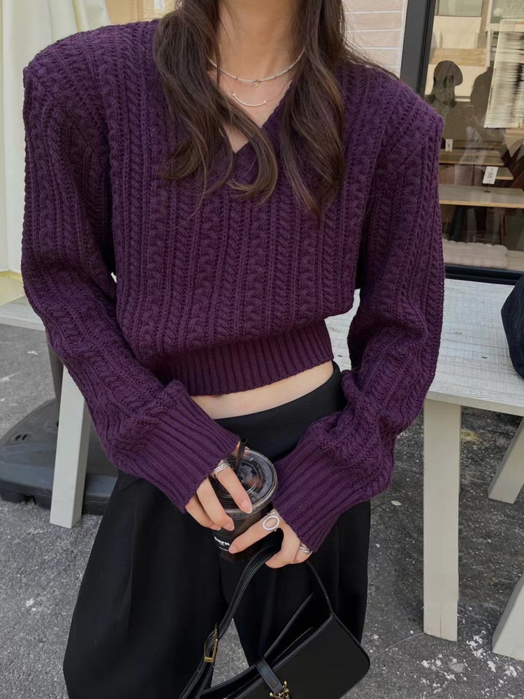 Vintage Fashion Old Money - V คอสั้นเสื้อกันหนาวผู้หญิงเกาหลีแฟชั่น Cropped จัมเปอร์ Y2k Streetwear