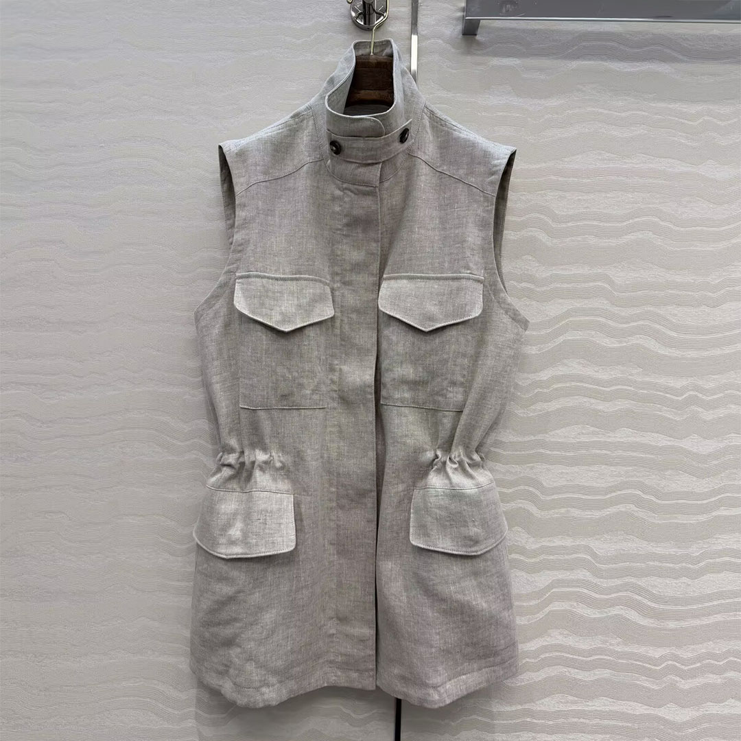 Vintage Fashion Old Money - เสื้อกั๊กสไตล์วินเทจผ้าลินิน 100% สำหรับผู้หญิง คอเต่า แขนกุด มีกระเป๋า