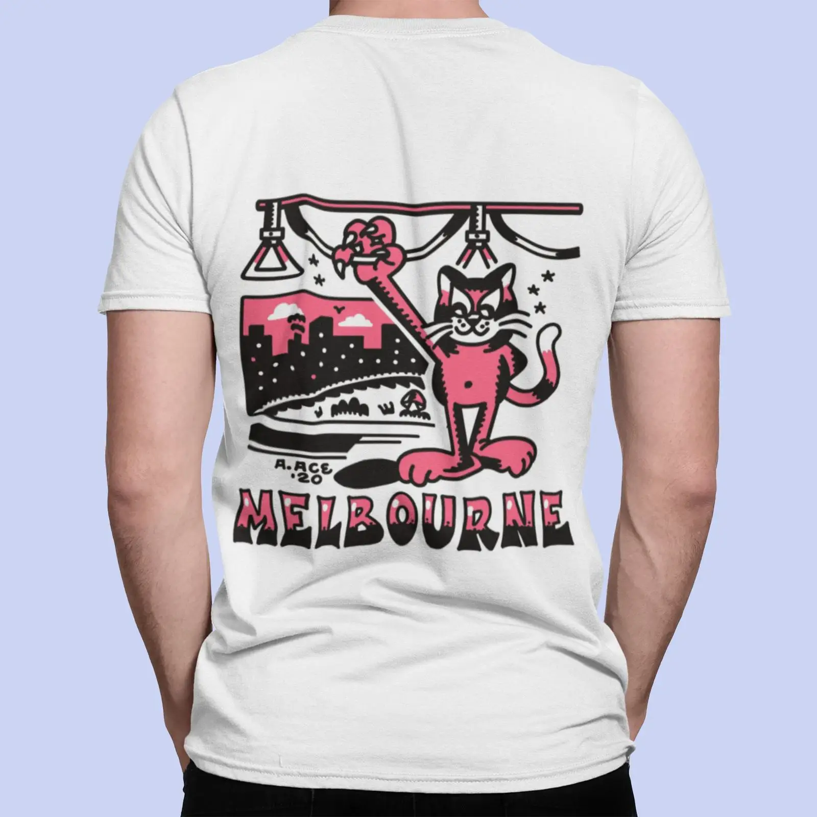 Vintage Fashion Melbourne - เสื้อยืดเมลเบิร์นทรัม ลายแมวไซเคดีลิก ของที่ระลึกเมลเบิร์น เสื้อยืดสีชมพู วินเทจ ลายกราฟิก