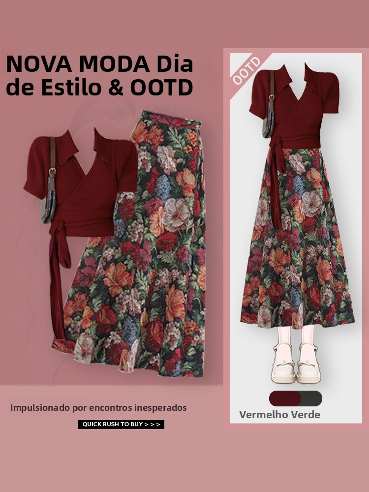 Vintage Fashion Hong Kong - ชุดแฟชั่นผู้หญิงฤดูร้อน 2026 สไตล์วินเทจฮ่องกง เสื้อสีแดงไวน์พร้อมกระโปรงลายดอกไม้ ชุดเซ็ตสองชิ้น ทำจากเส้นใยโพลีเอสเตอร์