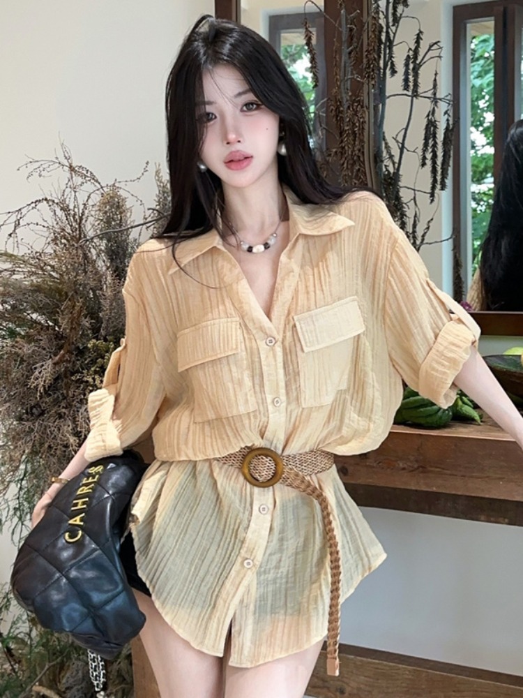 Vintage Fashion Old Money - เสื้อเชิ้ตวินเทจทรงหลวมสไตล์เกาหลีสำหรับผู้หญิง รุ่นใหม่ประจำฤดูร้อน พร้อมเข็มขัดสไตล์ Old Money ทรงเข้ารูป
