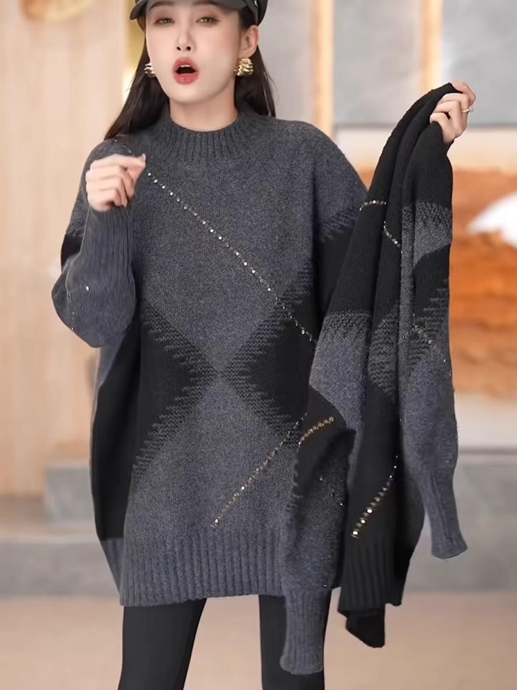 Vintage Fashion Hong Kong - เสื้อกันหนาวถักไหมพรมผู้หญิง แขนยาวทรงหลวม ไซส์ใหญ่ สไตล์สบายๆ แฟชั่นวินเทจฮ่องกง คอกลม