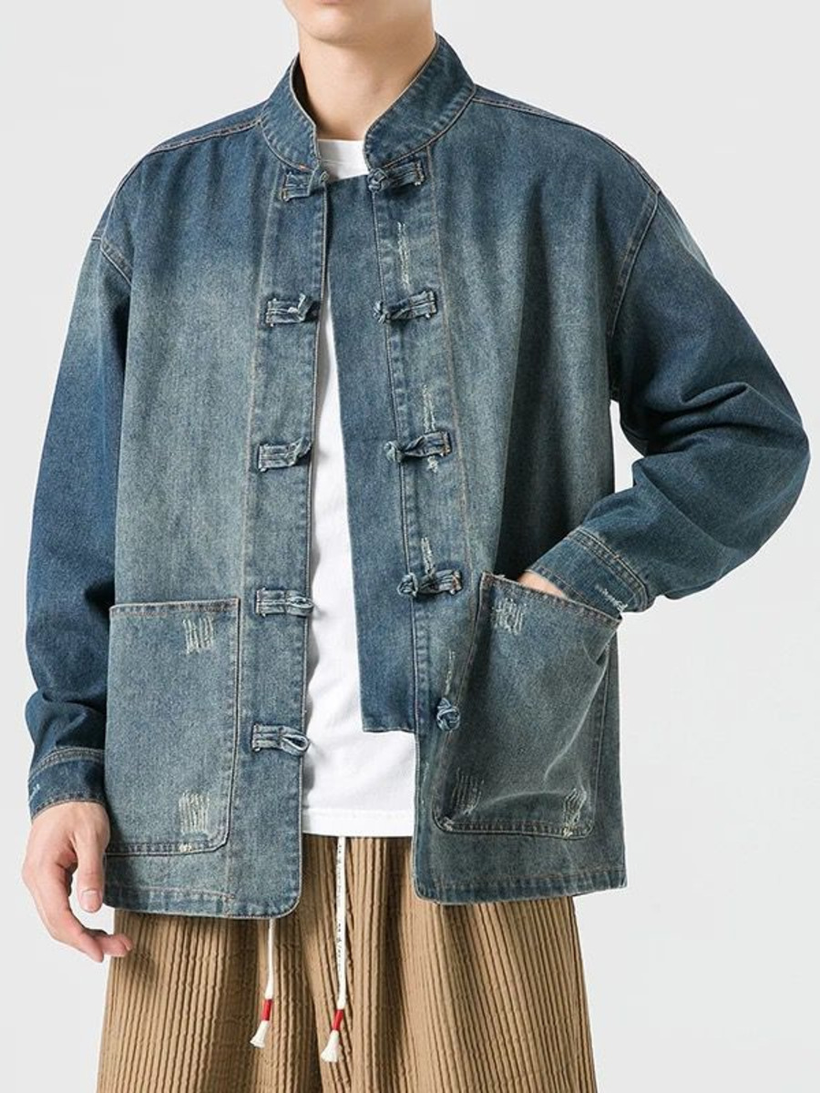 Vintage Fashion Hong Kong - คาวบอย Retro สไตล์จีนล้าง DENIM แจ็คเก็ตผู้ชายฤดูใบไม้ผลิฤดูใบไม้ร่วงแขนยาวคอแฟชั่น VINTAGE