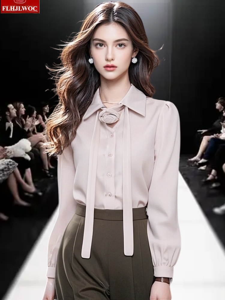 Vintage Fashion Hong Kong - เสื้อเชิ้ตผ้าลูกฟูกแฟชั่นผู้หญิงคริสต์มาสปีใหม่สไตล์เกาหลีวินเทจฮ่องกงสาวๆลำลองเรียบง่ายติดกระดุมโบว์ผูกดอกกุหลาบ