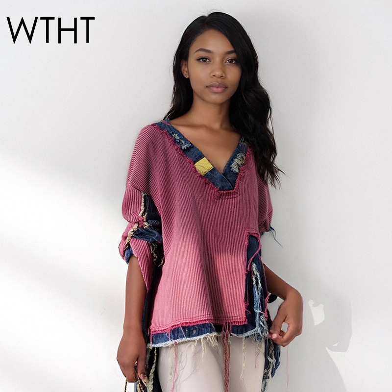 Vintage Fashion Influencers - เสื้อสเวตเตอร์ผู้หญิง WTHT แฟชั่นสไตล์วินเทจ ตัดต่อผ้าเดนิม ทรงไม่สมมาตร คอลเลคชั่นฤดูใบไม้ร่วง