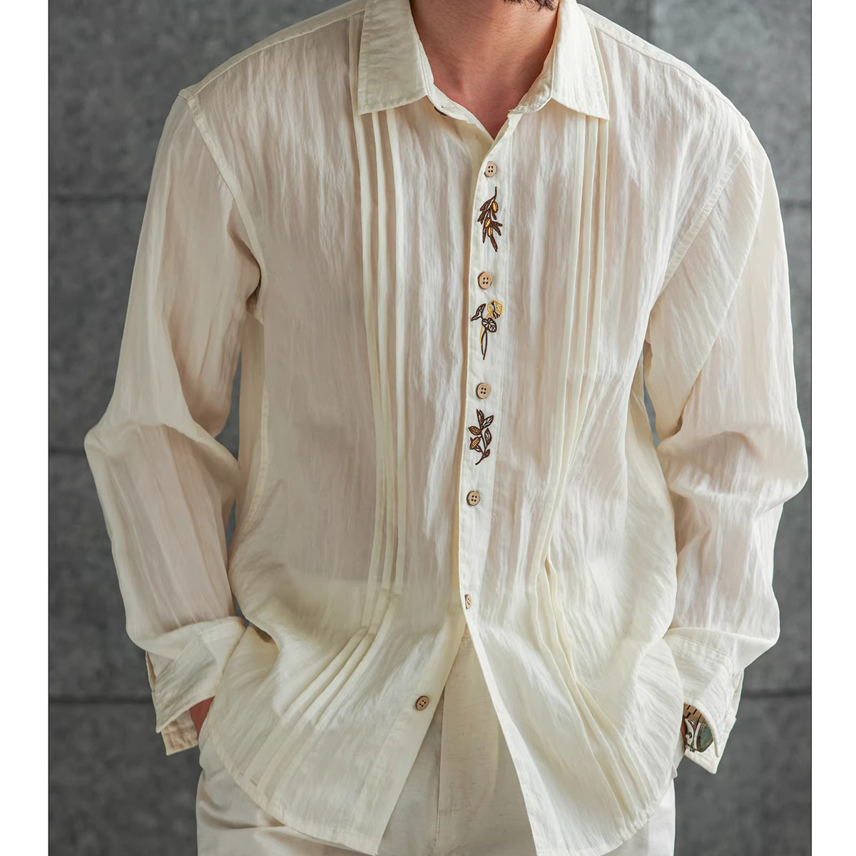 Vintage Fashion Old Money - เสื้อเชิ้ตสไตล์ Old Money ปักลายพับแบบวินเทจ น้ำหนักเบา แฟชั่นฝรั่งเศส