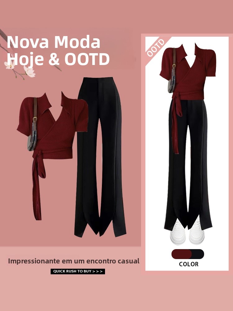 Vintage Fashion Hong Kong - ชุดเซ็ตสองชิ้นสไตล์ฮ่องกงวินเทจสำหรับฤดูร้อน กางเกงขายาวลำลองสำหรับผู้หญิงและเสื้อยืดสีแดง แฟชั่นช่วยให้ดูผอมเพรียว