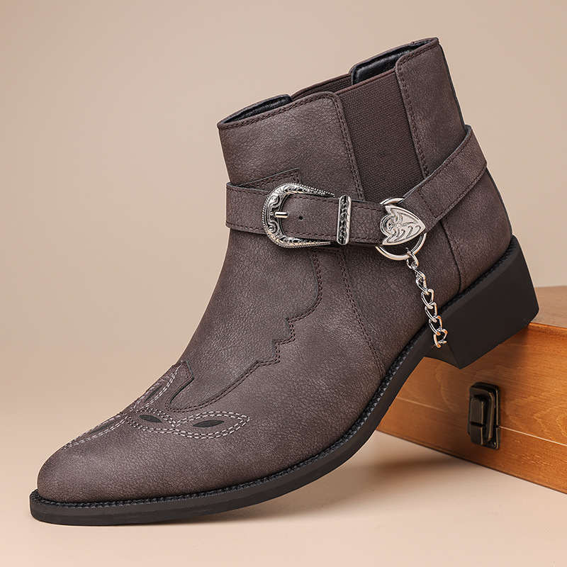 Vintage Fashion Brands - รองเท้าบูทคาวบอยวินเทจสำหรับผู้ชาย แบรนด์ใหม่สไตล์เรโทร หนังแท้ หุ้มข้อสูง พร้อมสายรัดโซ่และหัวเข็มขัด สไตล์พังก์
