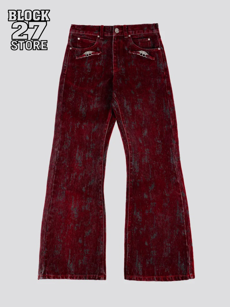 Retro Track Pant - กางเกงยีนส์ผู้ชายสไตล์อเมริกันวินเทจ ทรงขาบาน แต่งลายฟล็อก ฮาราจูกุ ยูนิเซ็กส์ ทรงหลวม