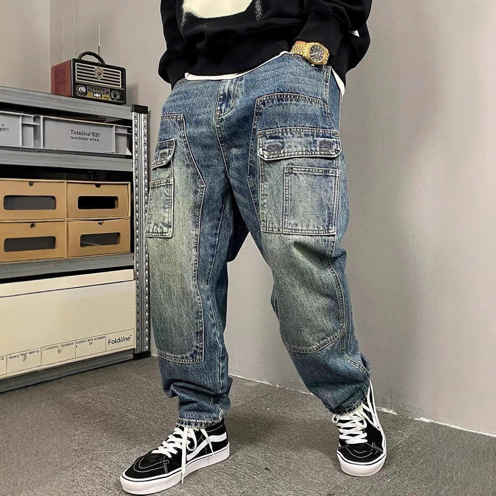 Retro Track Pant - กางเกงยีนส์สไตล์วินเทจแบบลำลองสไตล์อเมริกันสำหรับผู้ชายในฤดูใบไม้ผลิและฤดูใบไม้ร่วง สไตล์ไฮสตรีท กางเกงทรงหลวมแบบเรียว