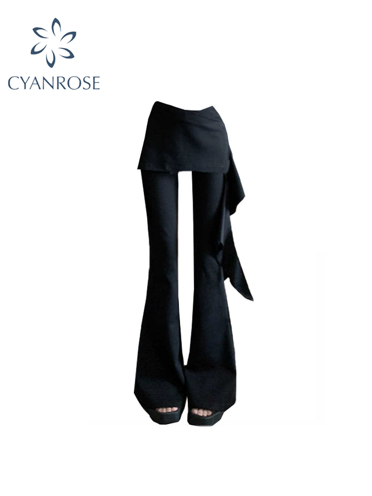 Retro Track Pant - ผู้หญิงสีดํา Goth Baggy Flare กางเกงกระโปรง Vintage