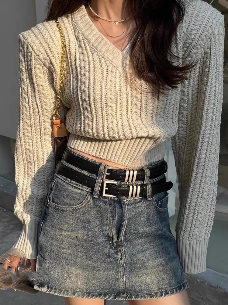 V คอสั้นเสื้อกันหนาวผู้หญิงเกา - Vintage Fashion Old Money บทวิจารณ์และราคา